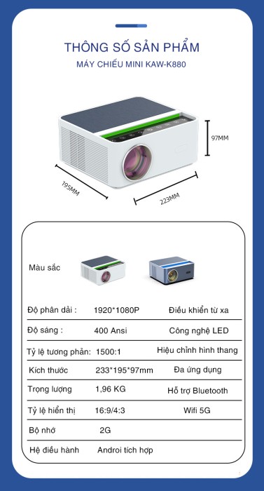 Máy Chiếu Mini Kaw K880, Xem Phim, Chơi Game, Thuyết Trình Tiện Lợi, Độ Sáng Tốt