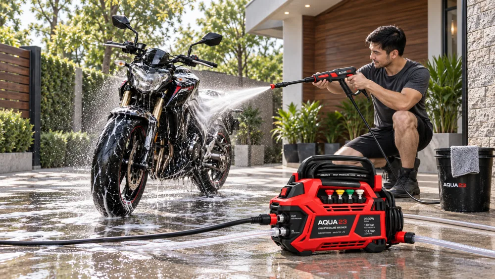 Rửa xe máy bằng máy rửa xe cao áp cầm tay AQUA23.