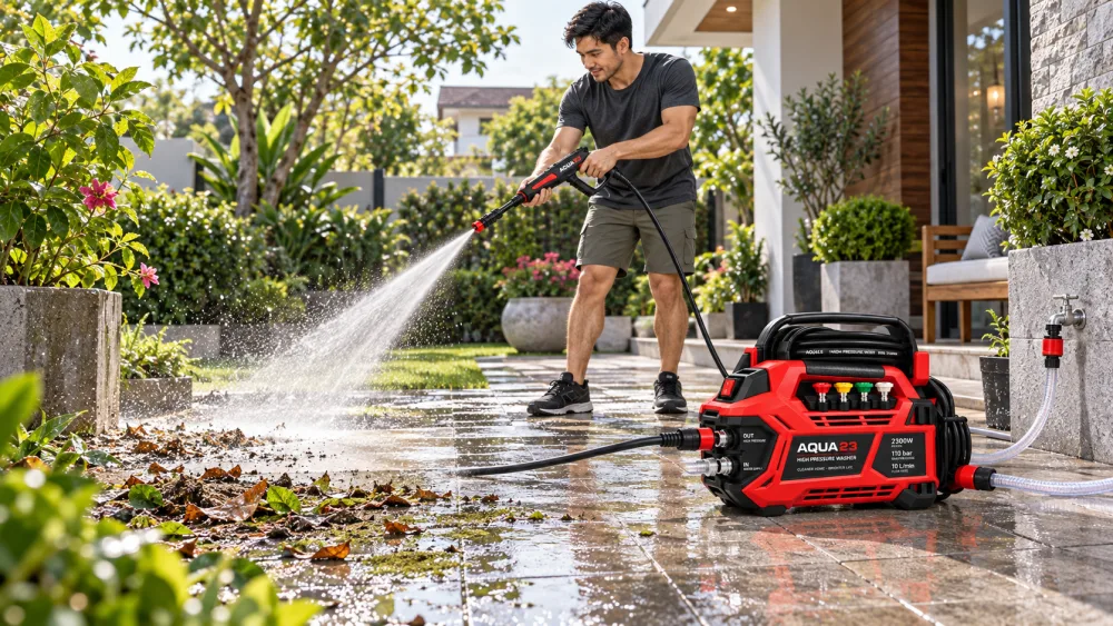 Vệ sinh sân vườn, lối đi bằng máy rửa xe cao áp cầm tay AQUA23.