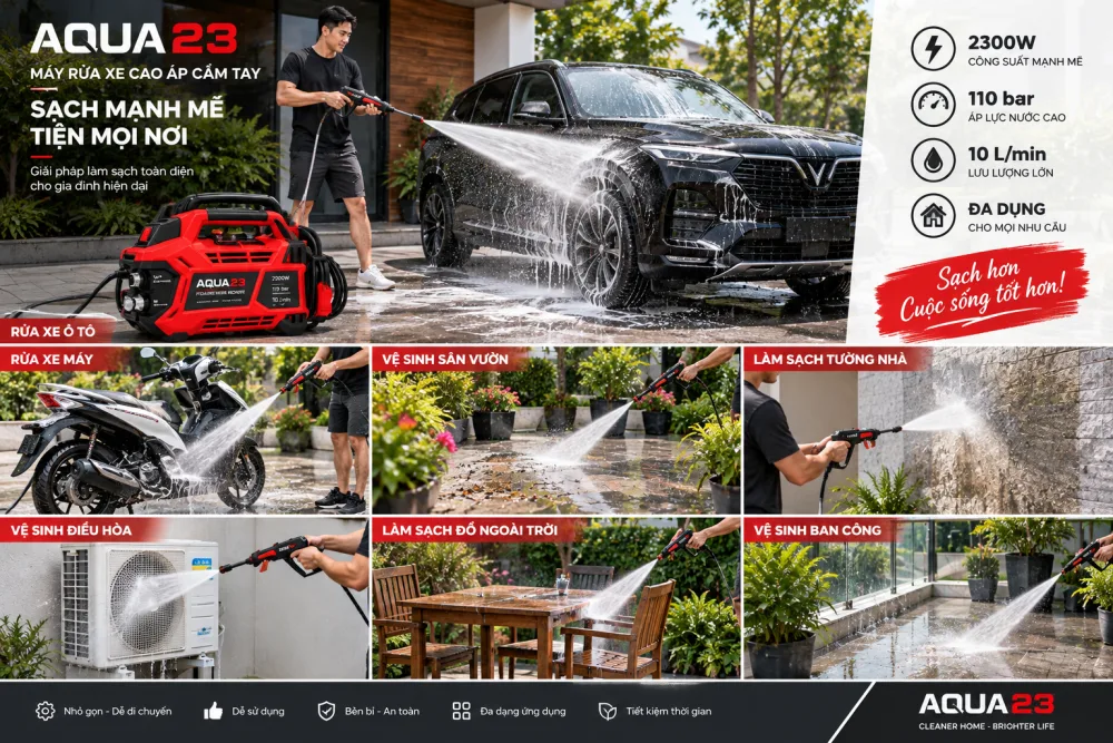 AQUA23 - công suất 2300W, áp lực 110 bar, lưu lượng 10 L/phút và các ứng dụng rửa xe, vệ sinh nhà cửa.