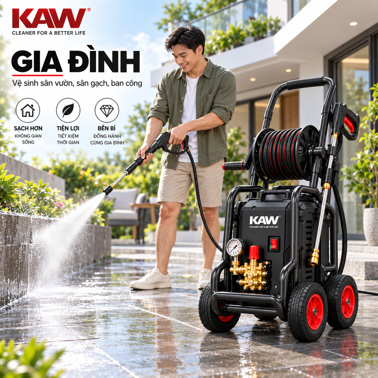 Minh họa sử dụng máy KAW K-3000 để vệ sinh khu vực gia đình.
