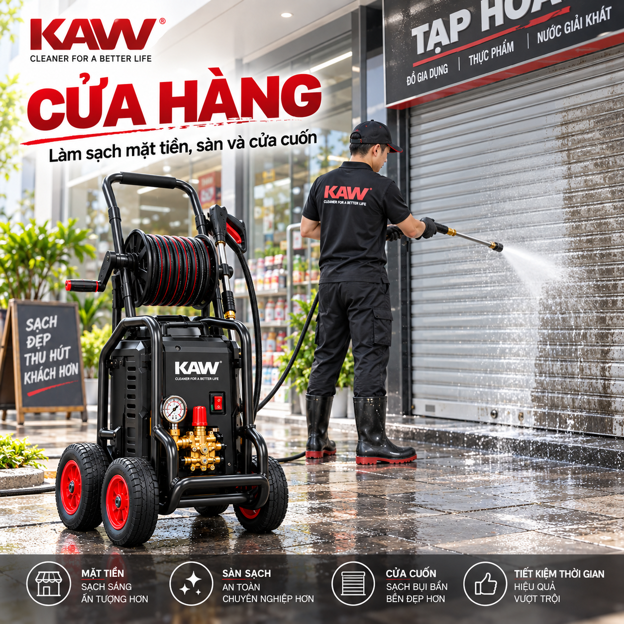 Ứng dụng máy rửa xe KAW tại cửa hàng và mặt tiền.