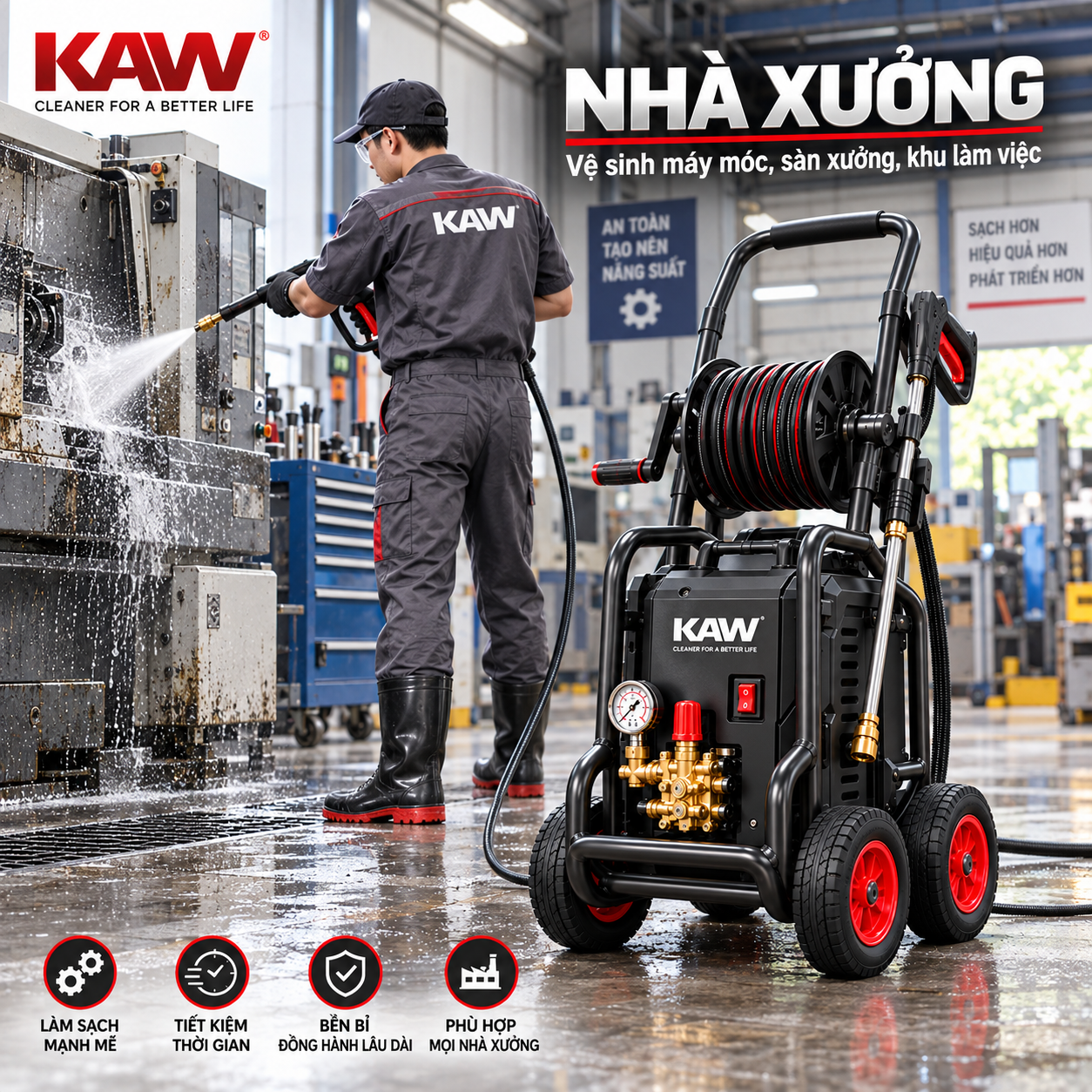 Ứng dụng máy rửa xe KAW trong nhà xưởng.