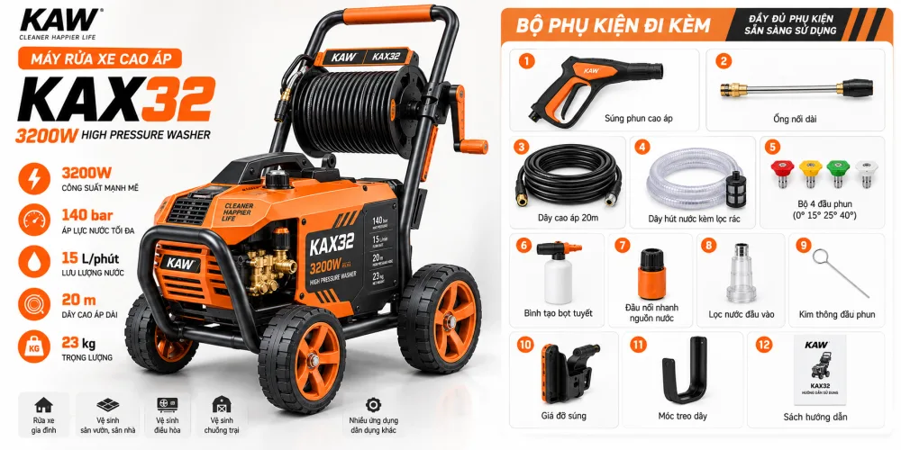 KAX32 - công suất 3200W, áp lực 140 bar, lưu lượng 15 L/phút, dây cao áp 20m và bộ phụ kiện đi kèm.