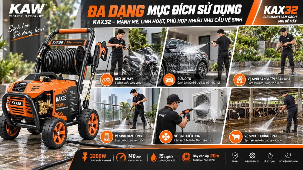KAX32 đa dạng mục đích sử dụng: rửa xe máy, ô tô, vệ sinh sân vườn, ban công, điều hòa, chuồng trại.