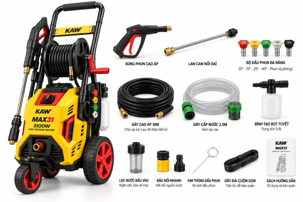 KAW MAX31 cùng bộ phụ kiện: súng phun, lan can nối dài, bộ đầu phun, dây cao áp 10m, dây cấp nước, bình tạo bọt tuyết.