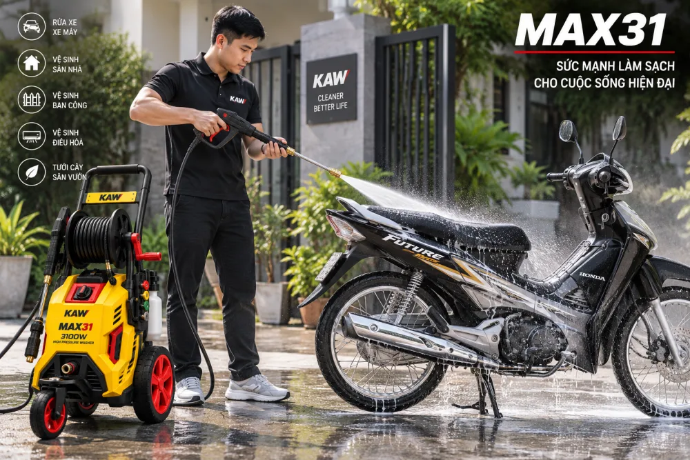 Rửa xe máy bằng máy rửa xe cao áp KAW MAX31.