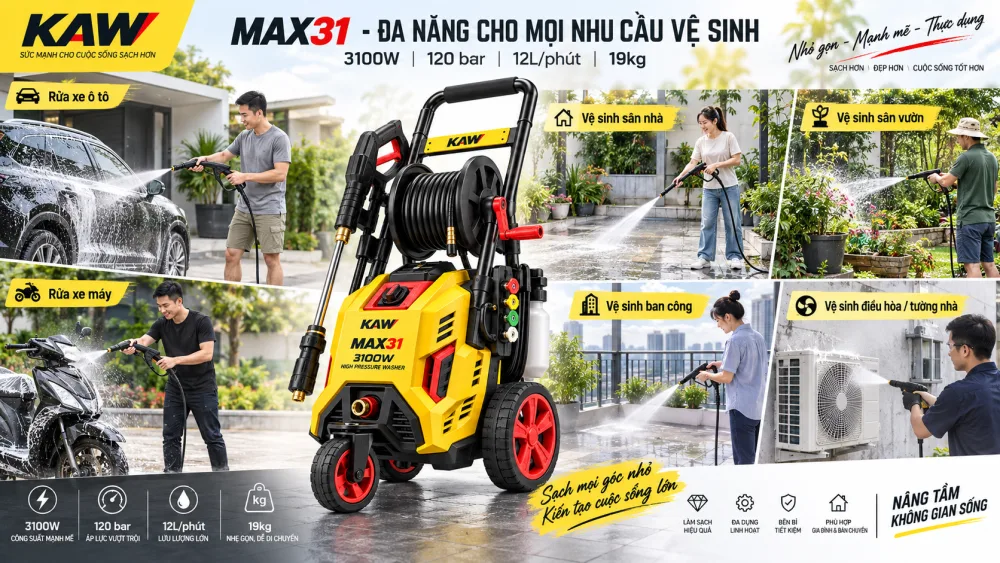 KAW MAX31 đa năng cho rửa xe, vệ sinh sân nhà, sân vườn, ban công, điều hòa và tường nhà.