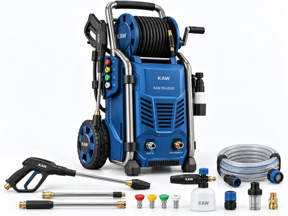 KAW PKA2500 cùng bộ phụ kiện: súng phun, lance nối dài, bộ 4 đầu phun, bình tạo bọt, ống cấp nước.