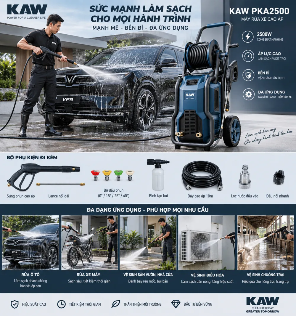KAW PKA2500 - công suất 2500W, áp lực cao, bền bỉ, đa ứng dụng và bộ phụ kiện đi kèm.