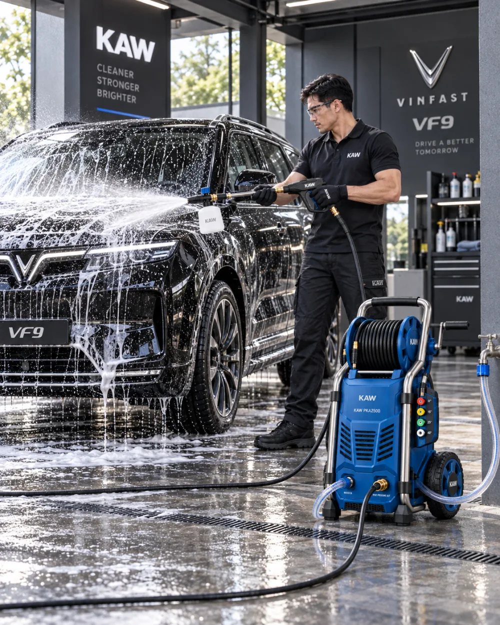Sử dụng KAW PKA2500 với bình tạo bọt để rửa ô tô tại tiệm rửa xe.