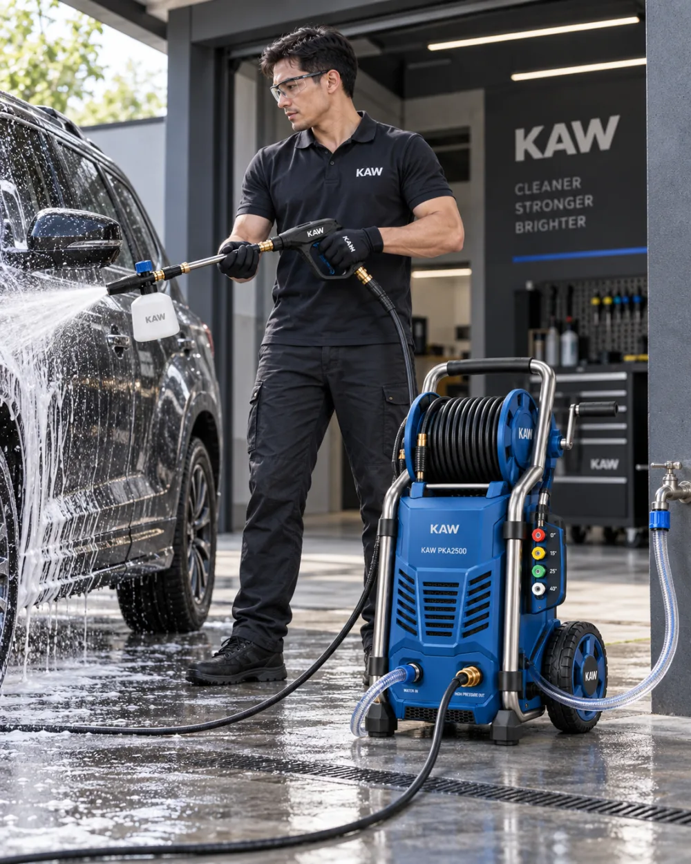 KAW PKA2500 rửa ô tô, dây cao áp thả dài và cuộn dây quay tay trên thân máy.