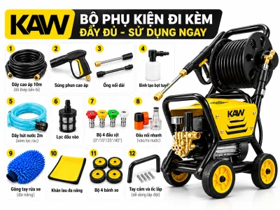 Máy rửa xe cao áp KAW K-333X kèm bộ 12 phụ kiện đi kèm