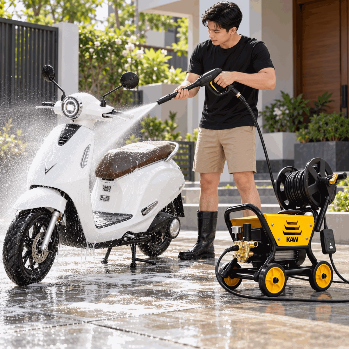 Rửa xe máy tại nhà bằng máy rửa xe cao áp KAW K-333X.