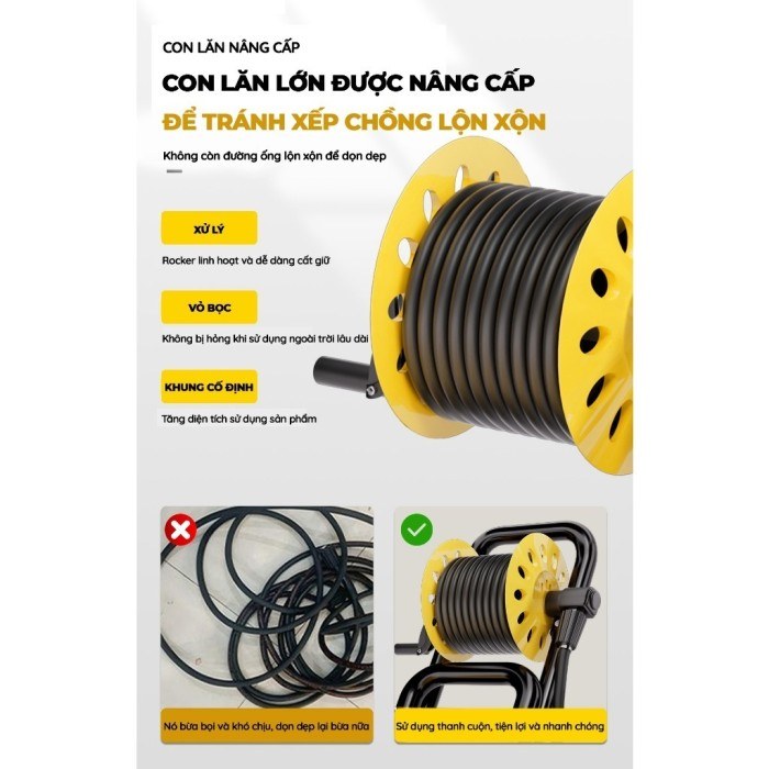 Cuộn ống quay tay của KAW K-333X giúp thu dây cao áp gọn gàng, không rối.