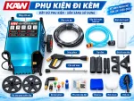 Trọn bộ phụ kiện đi kèm máy rửa xe cao áp KAW K-333Z: dây cao áp, súng phun, cần nối inox, bình bọt tuyết, bộ béc phun.
