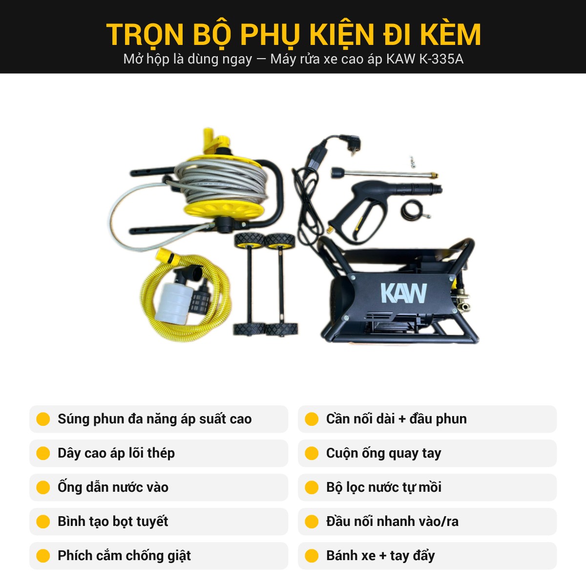 Trọn bộ phụ kiện đi kèm máy rửa xe cao áp KAW K-335A.