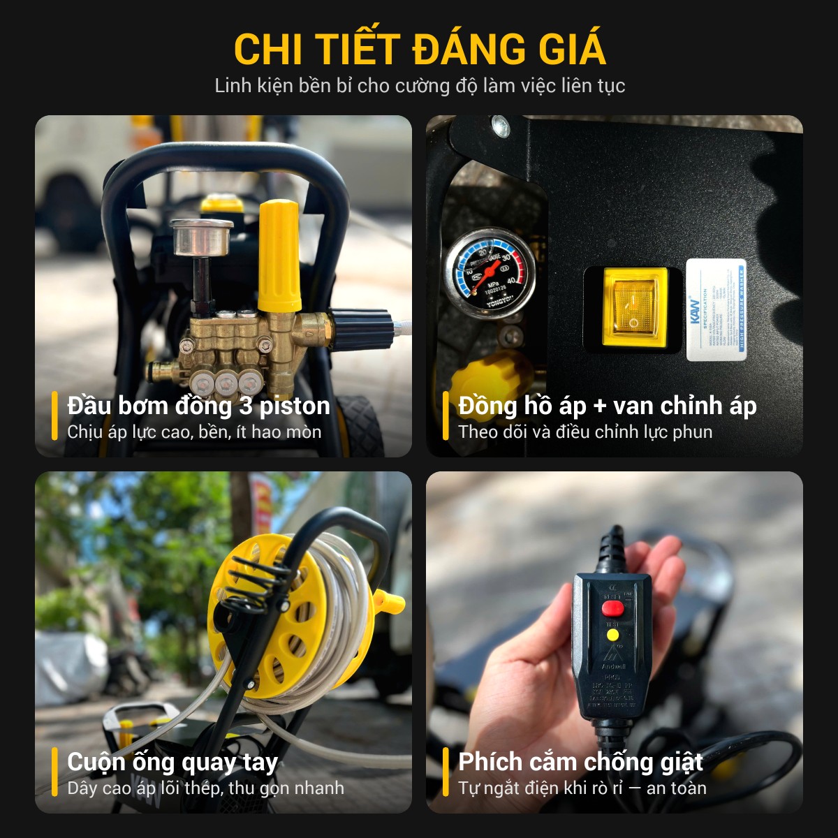 Chi tiết KAW K-335A: đầu bơm đồng 3 piston, đồng hồ áp suất, van chỉnh áp, cuộn ống quay tay, phích cắm chống giật.