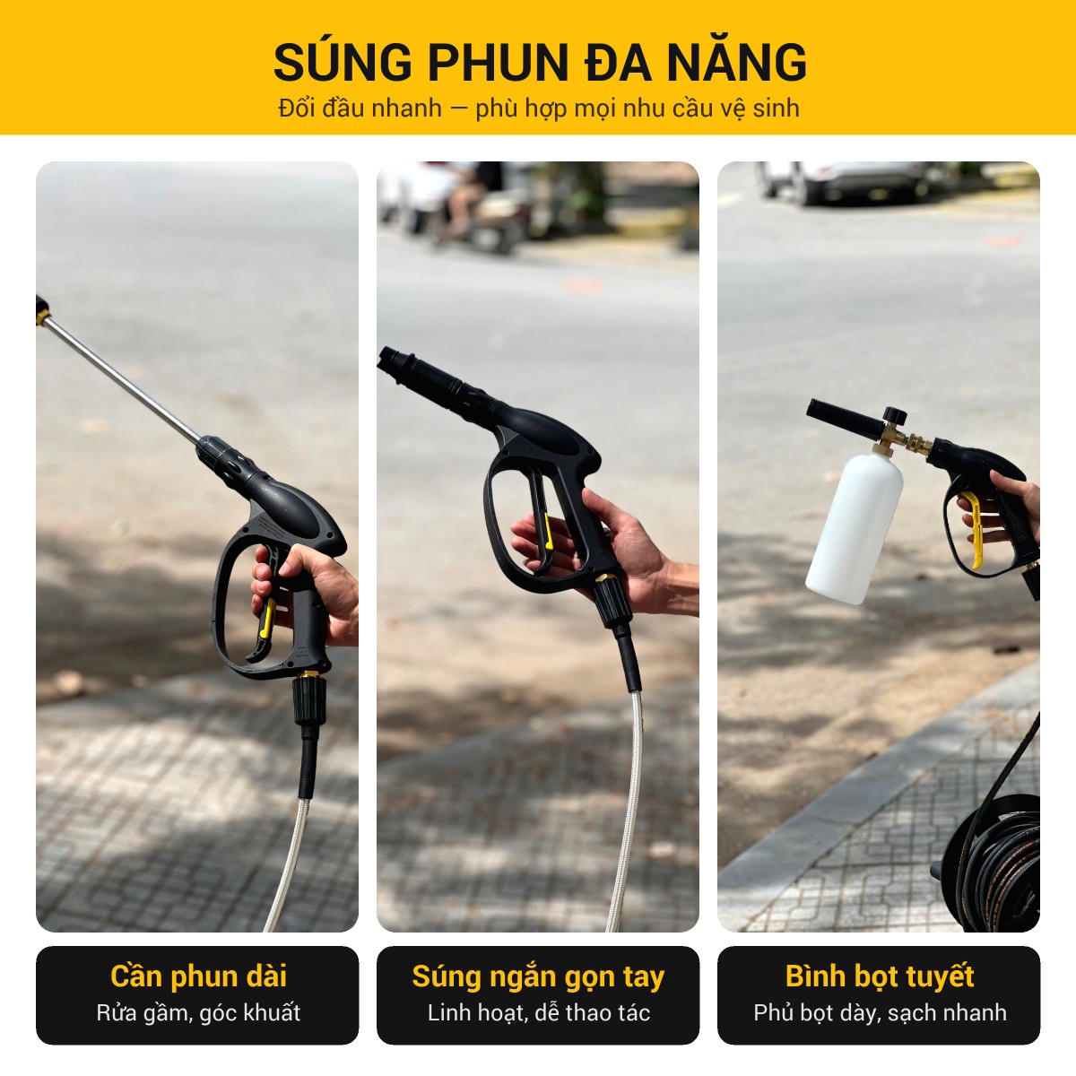 Súng phun đa năng KAW K-335A: cần phun dài, súng ngắn và bình bọt tuyết.